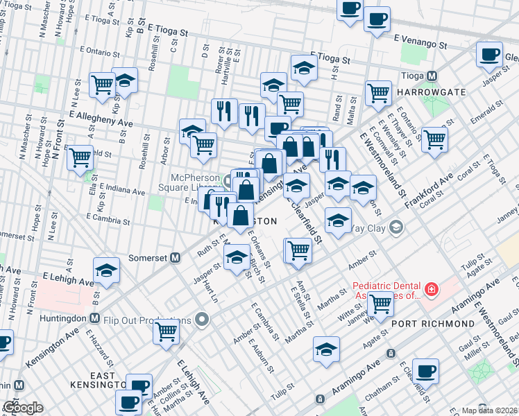 map of restaurants, bars, coffee shops, grocery stores, and more near 3055 Kensington Avenue in Philadelphia