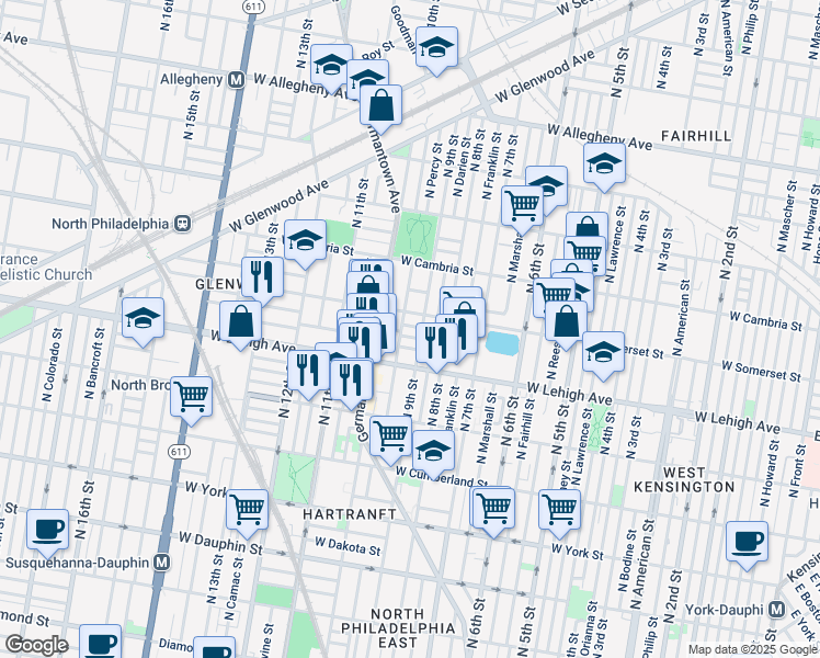 map of restaurants, bars, coffee shops, grocery stores, and more near 914 West Seltzer Street in Philadelphia