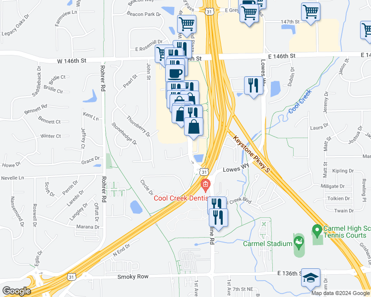 map of restaurants, bars, coffee shops, grocery stores, and more near 135 Ewing Court in Carmel