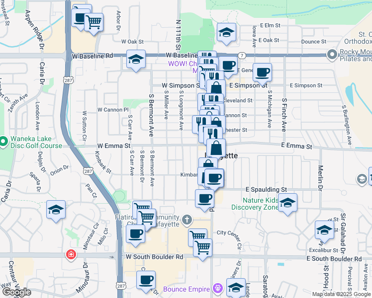 map of restaurants, bars, coffee shops, grocery stores, and more near 502 South Longmont Avenue in Lafayette