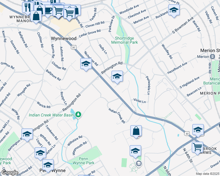 map of restaurants, bars, coffee shops, grocery stores, and more near 330 Lincoln Highway in Penn Wynne