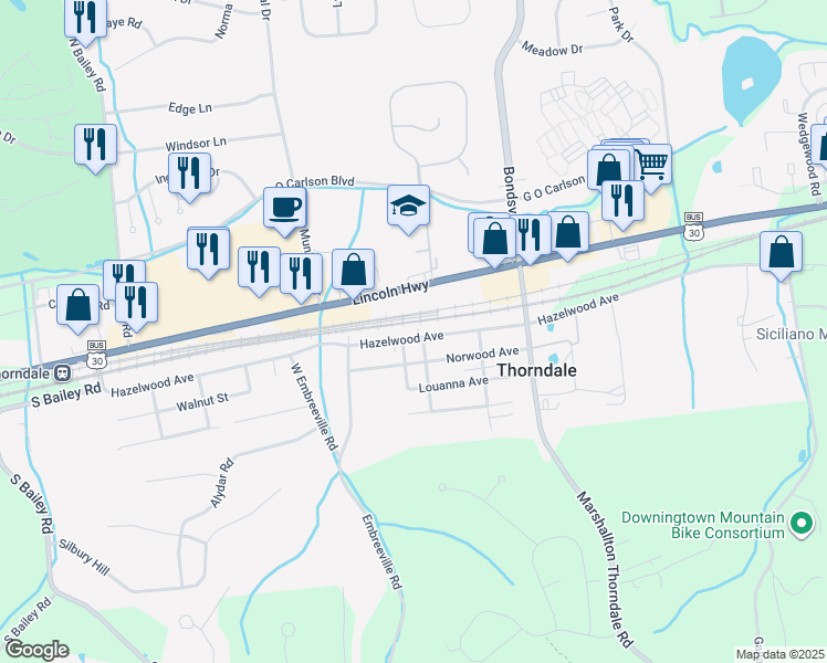 map of restaurants, bars, coffee shops, grocery stores, and more near 3611 Hazelwood Avenue in Downingtown
