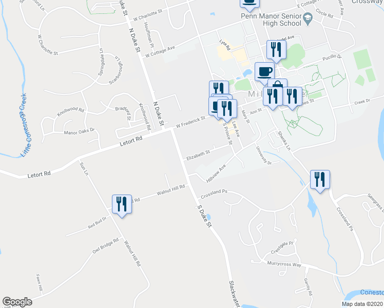 map of restaurants, bars, coffee shops, grocery stores, and more near 173 Elizabeth Street in Millersville