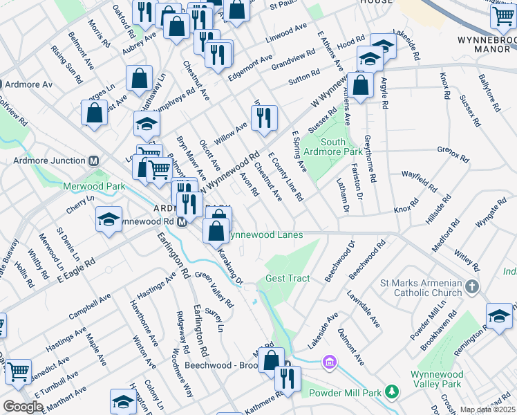 map of restaurants, bars, coffee shops, grocery stores, and more near 9 Wickam Road in Ardmore