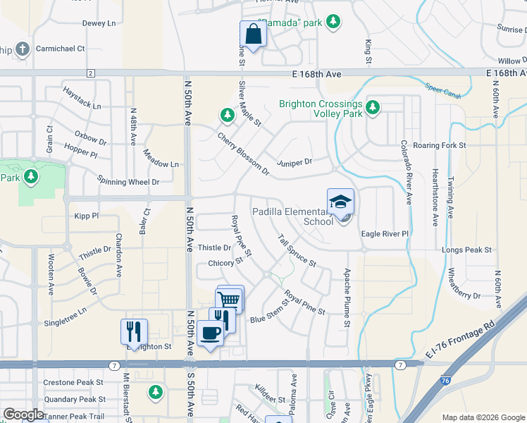map of restaurants, bars, coffee shops, grocery stores, and more near 5222 Longs Peak Street in Brighton