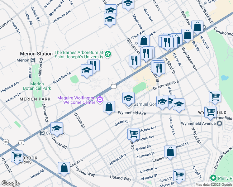 map of restaurants, bars, coffee shops, grocery stores, and more near 5700 City Avenue in Philadelphia