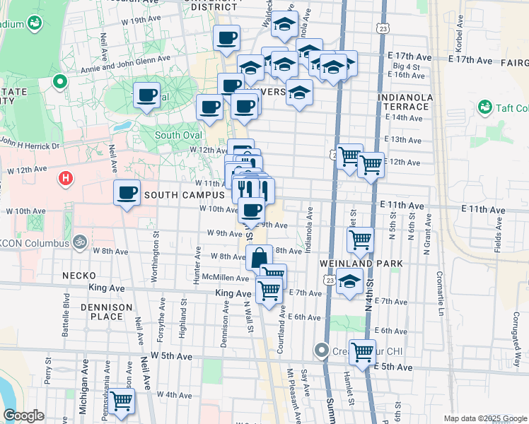 map of restaurants, bars, coffee shops, grocery stores, and more near 47 East 11th Avenue in Columbus