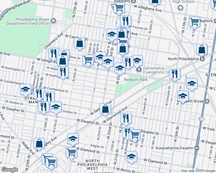 map of restaurants, bars, coffee shops, grocery stores, and more near 2242 West Huntingdon Street in Philadelphia