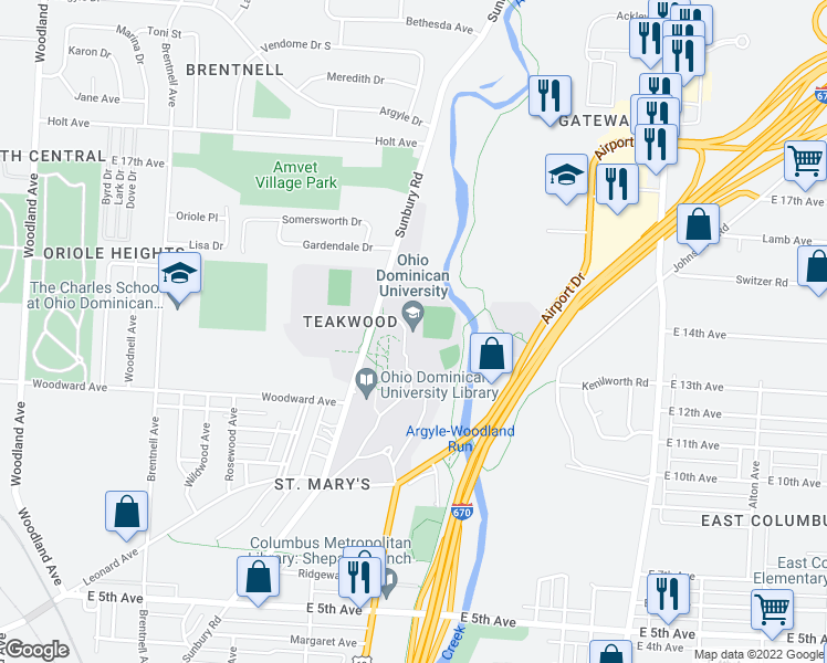 map of restaurants, bars, coffee shops, grocery stores, and more near 1216 Sunbury Road in Columbus