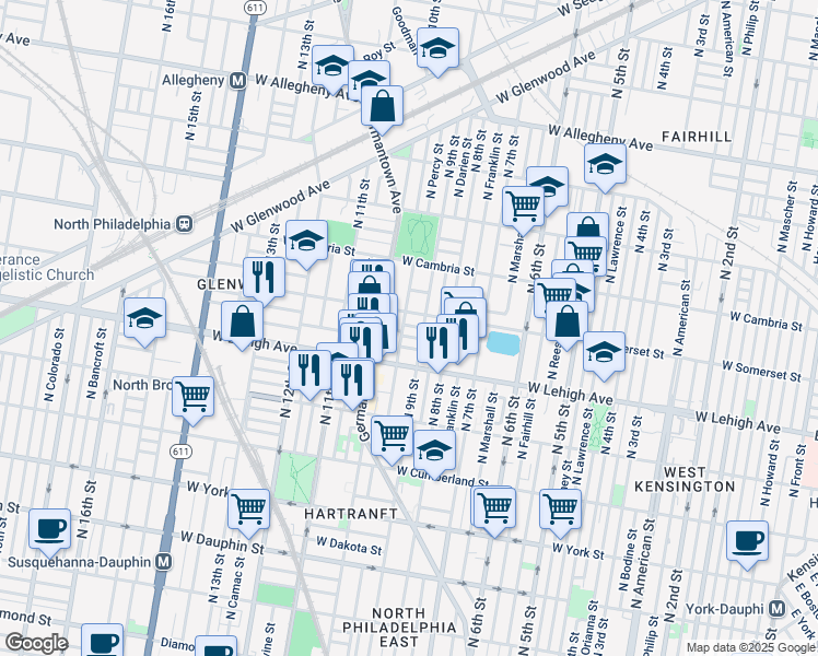 map of restaurants, bars, coffee shops, grocery stores, and more near 914 West Seltzer Street in Philadelphia