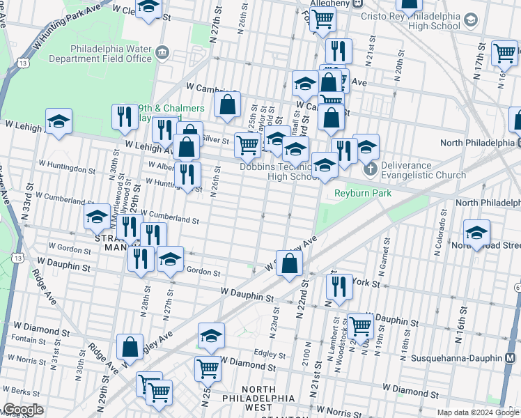 map of restaurants, bars, coffee shops, grocery stores, and more near 2538 North 24th Street in Philadelphia