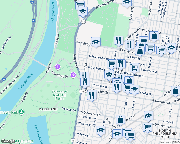 map of restaurants, bars, coffee shops, grocery stores, and more near 2440 North Natrona Street in Philadelphia