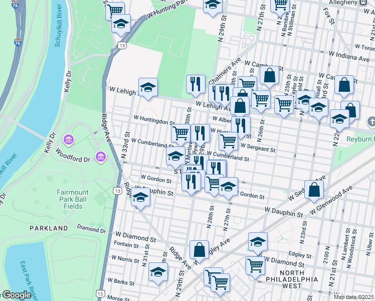 map of restaurants, bars, coffee shops, grocery stores, and more near 2462 North Myrtlewood Street in Philadelphia