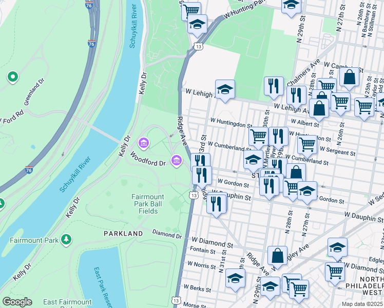 map of restaurants, bars, coffee shops, grocery stores, and more near 3337 Ridge Avenue in Philadelphia