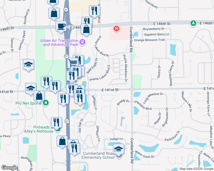 map of restaurants, bars, coffee shops, grocery stores, and more near 9630 Rolling Plain Drive in Noblesville