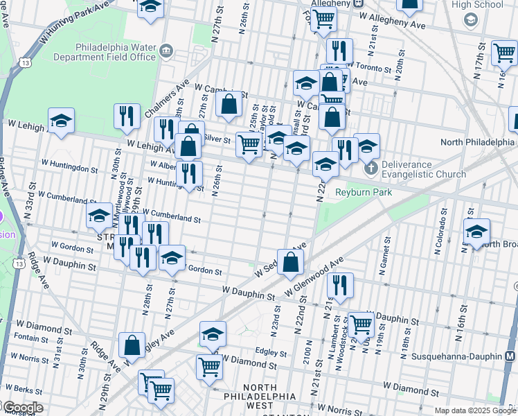 map of restaurants, bars, coffee shops, grocery stores, and more near 2411 West Sergeant Street in Philadelphia