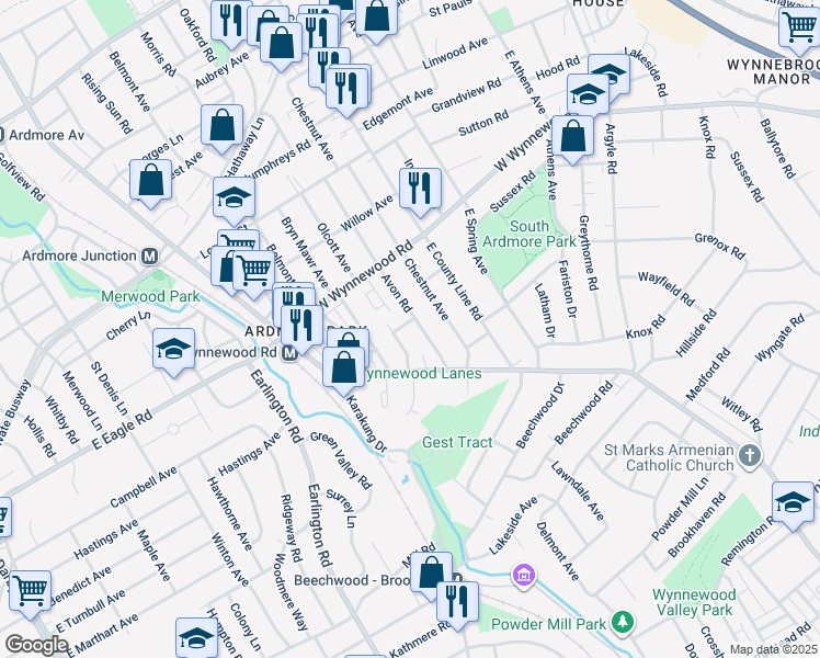 map of restaurants, bars, coffee shops, grocery stores, and more near 9 Wickam Road in Ardmore