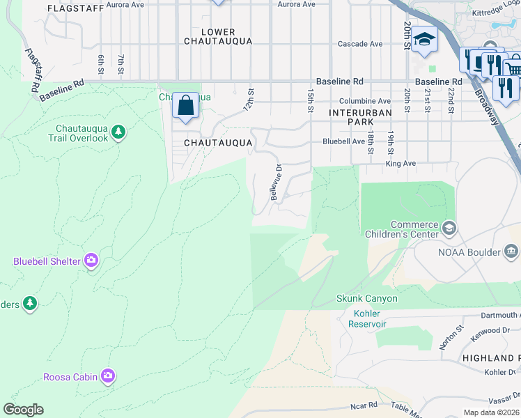 map of restaurants, bars, coffee shops, grocery stores, and more near 125 Bellevue Drive in Boulder