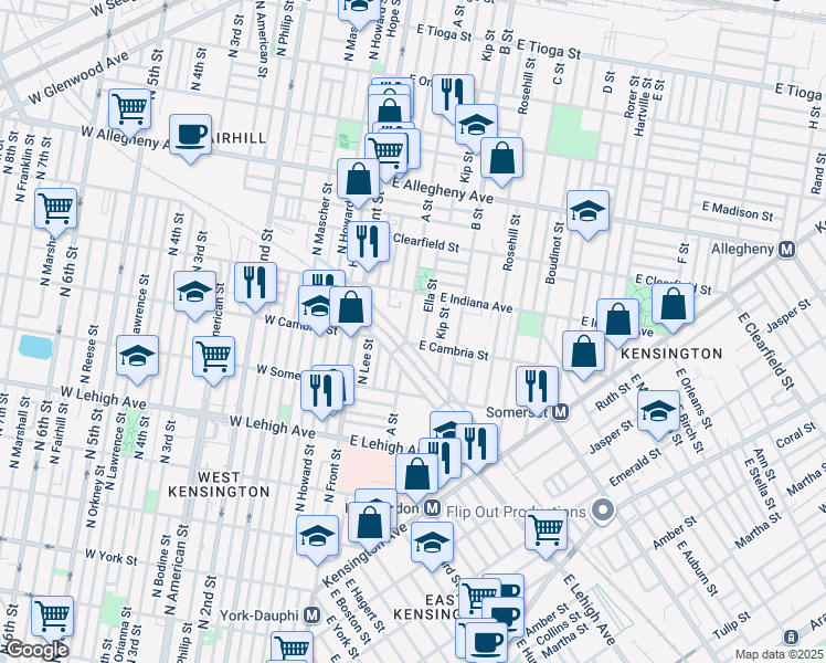 map of restaurants, bars, coffee shops, grocery stores, and more near 2915 A Street in Philadelphia