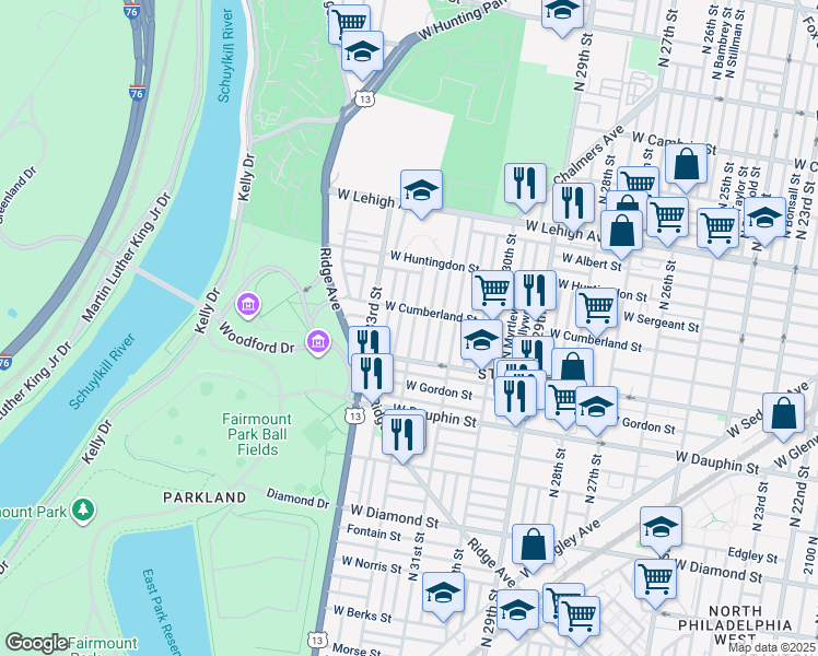 map of restaurants, bars, coffee shops, grocery stores, and more near 2462 North 32nd Street in Philadelphia