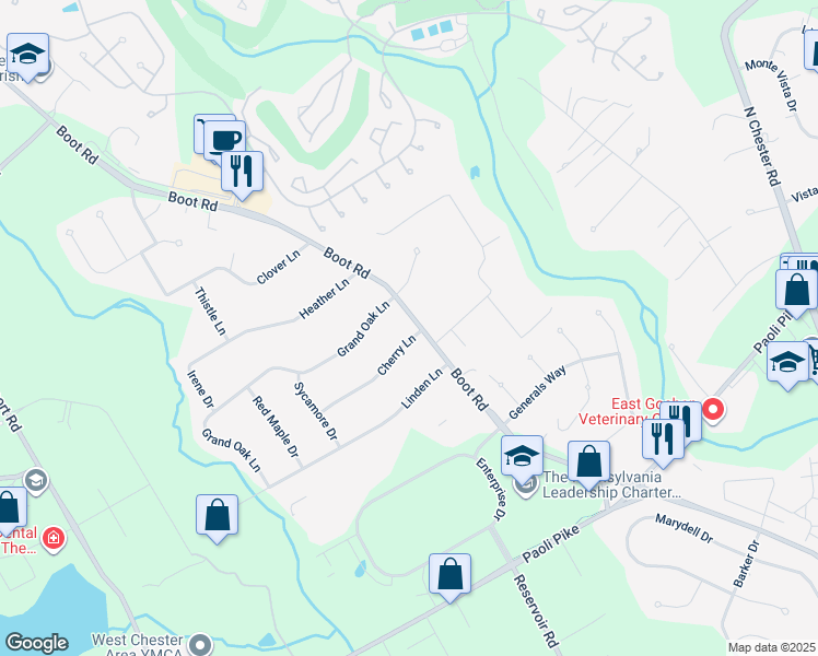 map of restaurants, bars, coffee shops, grocery stores, and more near 1447 Cherry Lane in West Chester