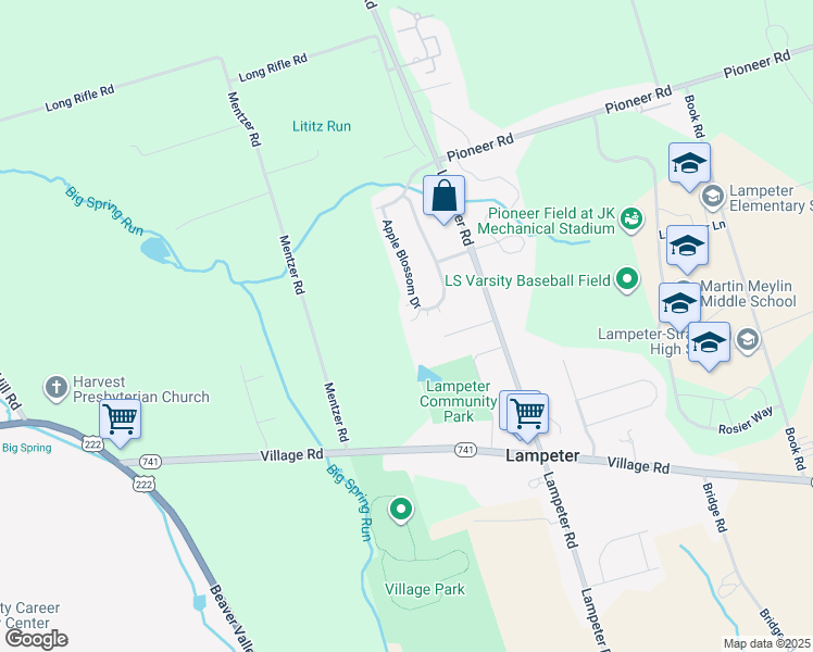 map of restaurants, bars, coffee shops, grocery stores, and more near 55 Apple Blossom Drive in Lancaster