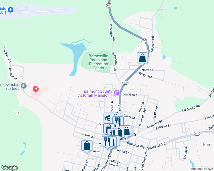 map of restaurants, bars, coffee shops, grocery stores, and more near 201 Kirk Avenue in Barnesville