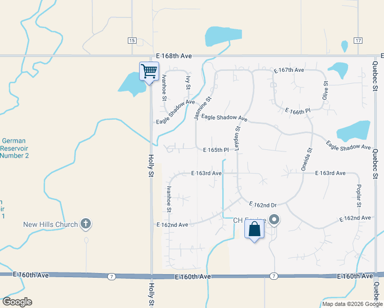 map of restaurants, bars, coffee shops, grocery stores, and more near 5894 East 165th Place in Brighton