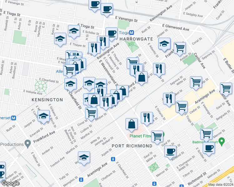 map of restaurants, bars, coffee shops, grocery stores, and more near 3254 Frankford Avenue in Philadelphia
