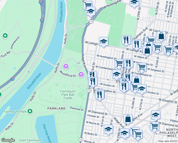 map of restaurants, bars, coffee shops, grocery stores, and more near 3335 Ridge Avenue in Philadelphia