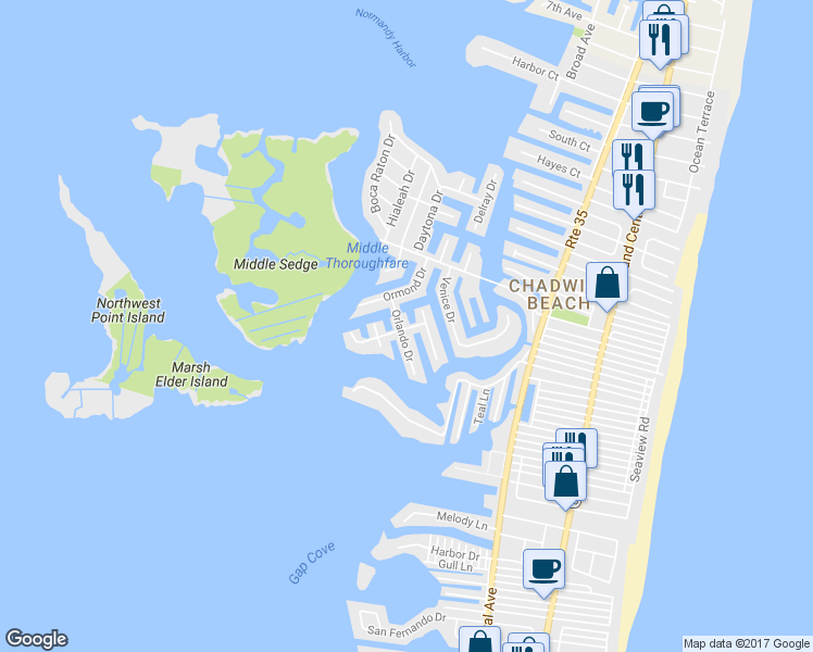 map of restaurants, bars, coffee shops, grocery stores, and more near 368 Lauderdale Drive in Lavallette