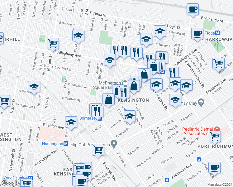 map of restaurants, bars, coffee shops, grocery stores, and more near 542 East Indiana Avenue in Philadelphia