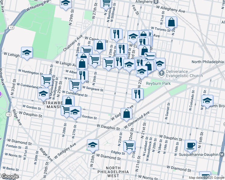 map of restaurants, bars, coffee shops, grocery stores, and more near 2413 West Sergeant Street in Philadelphia