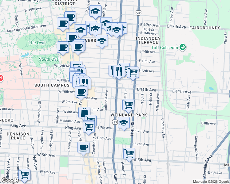 map of restaurants, bars, coffee shops, grocery stores, and more near 1529 Summit Street in Columbus