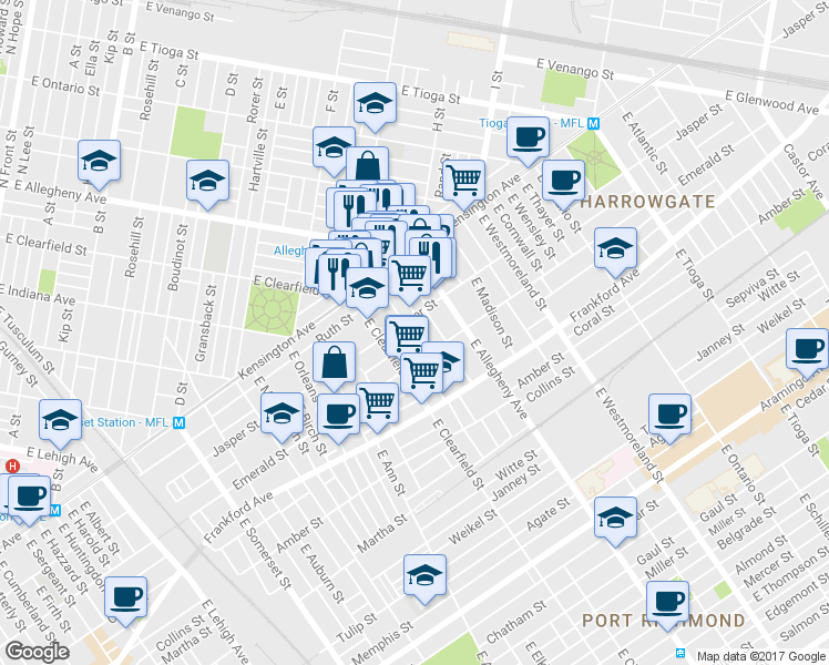 map of restaurants, bars, coffee shops, grocery stores, and more near 1914 East Lippincott Street in Philadelphia