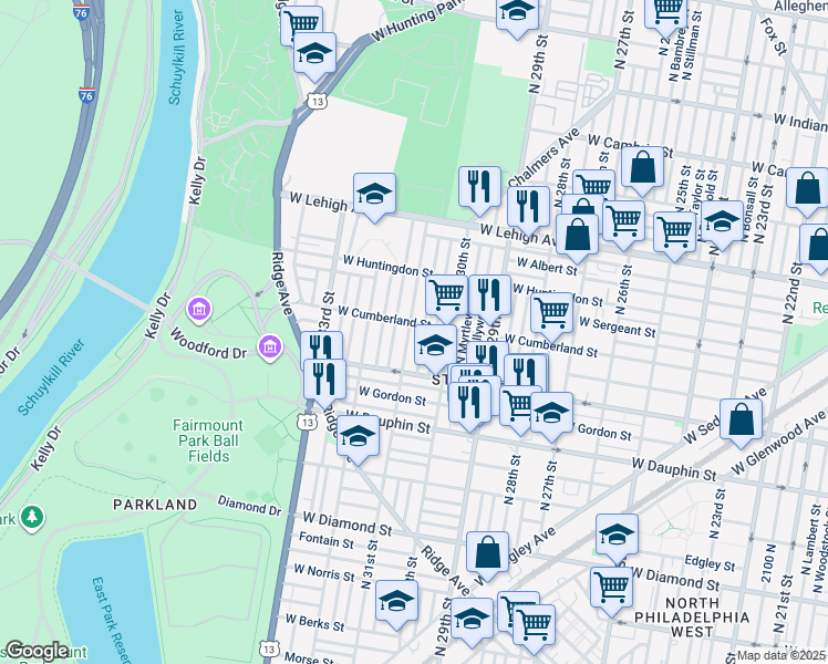 map of restaurants, bars, coffee shops, grocery stores, and more near 2457 North 31st Street in Philadelphia