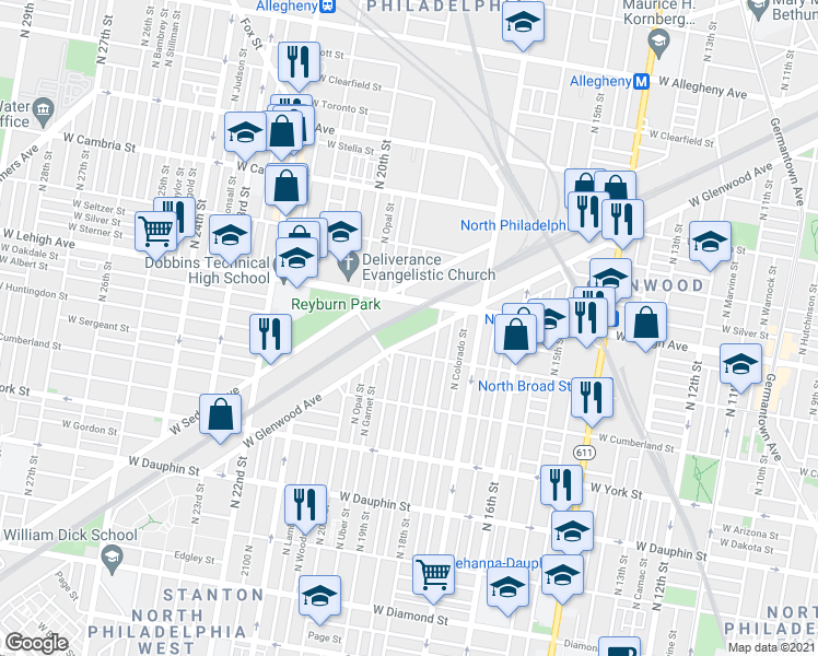 map of restaurants, bars, coffee shops, grocery stores, and more near 1801 West Glenwood Avenue in Philadelphia