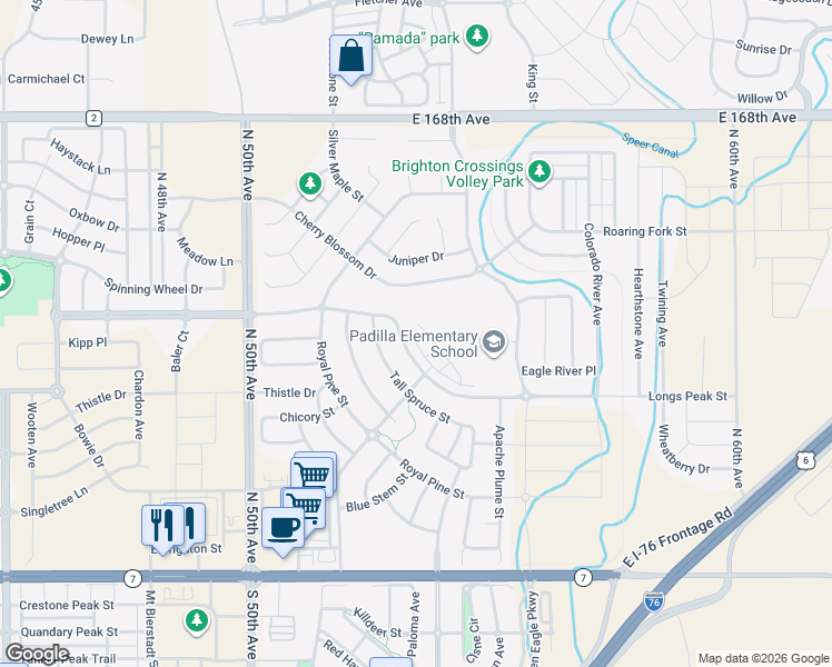 map of restaurants, bars, coffee shops, grocery stores, and more near 5242 Longs Peak Street in Brighton