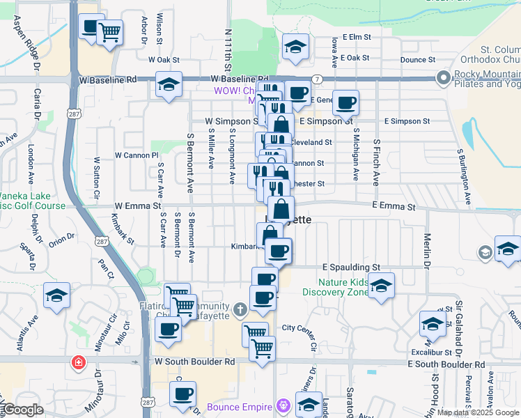 map of restaurants, bars, coffee shops, grocery stores, and more near 107 West Emma Street in Lafayette