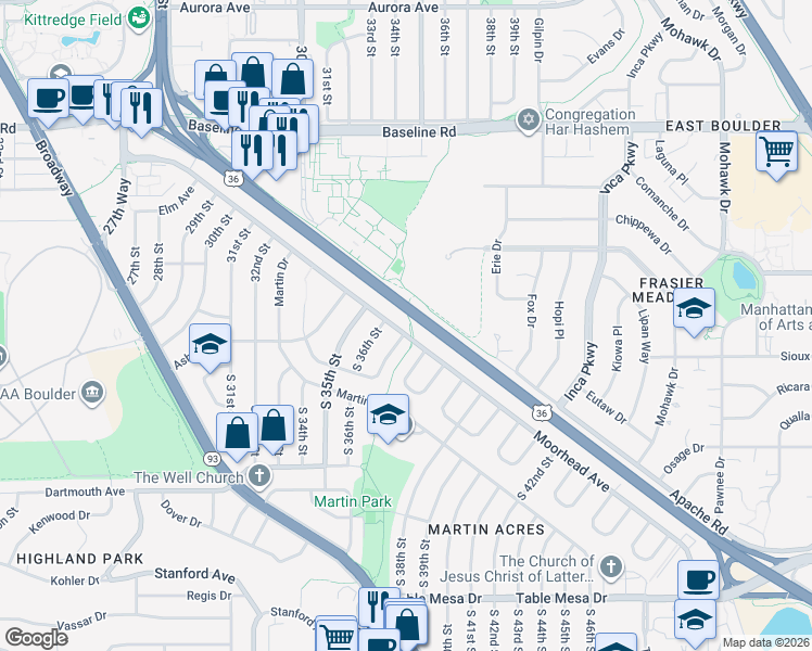 map of restaurants, bars, coffee shops, grocery stores, and more near 3625 Moorhead Avenue in Boulder