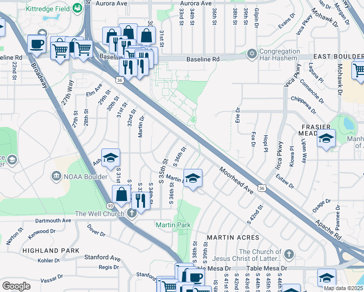 map of restaurants, bars, coffee shops, grocery stores, and more near 10 South 35th Street in Boulder