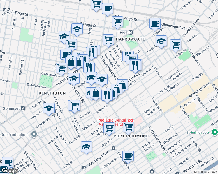 map of restaurants, bars, coffee shops, grocery stores, and more near 2024 East Willard Street in Philadelphia