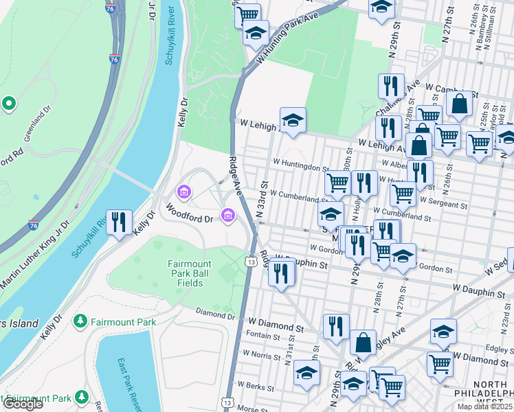 map of restaurants, bars, coffee shops, grocery stores, and more near 2444 North 33rd Street in Philadelphia