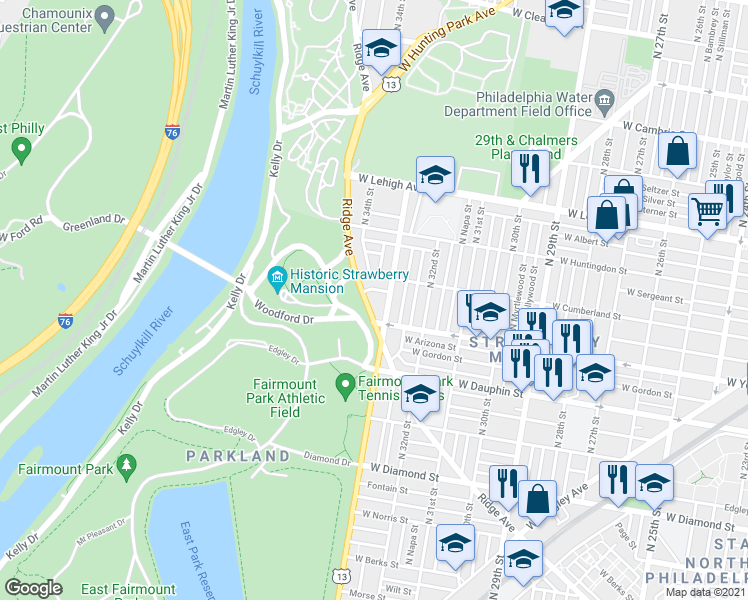 map of restaurants, bars, coffee shops, grocery stores, and more near 2444 North 33rd Street in Philadelphia