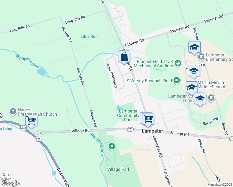map of restaurants, bars, coffee shops, grocery stores, and more near 51 Apple Blossom Drive in Lancaster