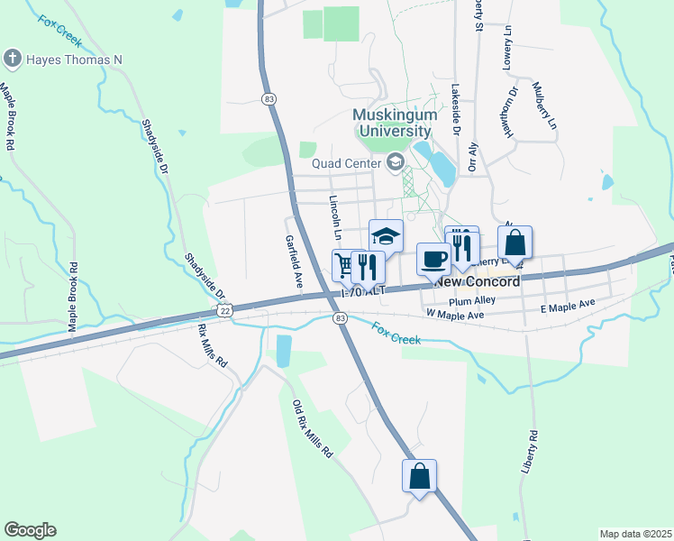 map of restaurants, bars, coffee shops, grocery stores, and more near 38 Friendship Drive in New Concord
