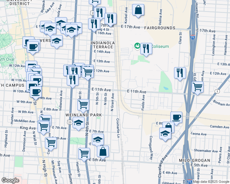 map of restaurants, bars, coffee shops, grocery stores, and more near 1917 East 11th Avenue in Columbus