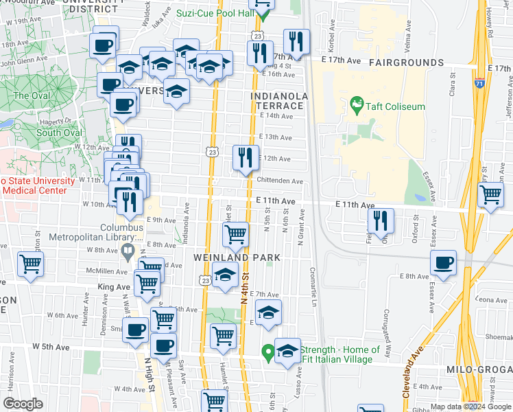 map of restaurants, bars, coffee shops, grocery stores, and more near 330 East 11th Avenue in Columbus