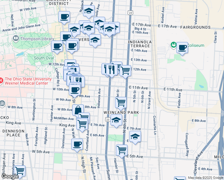 map of restaurants, bars, coffee shops, grocery stores, and more near 218 East 11th Avenue in Columbus