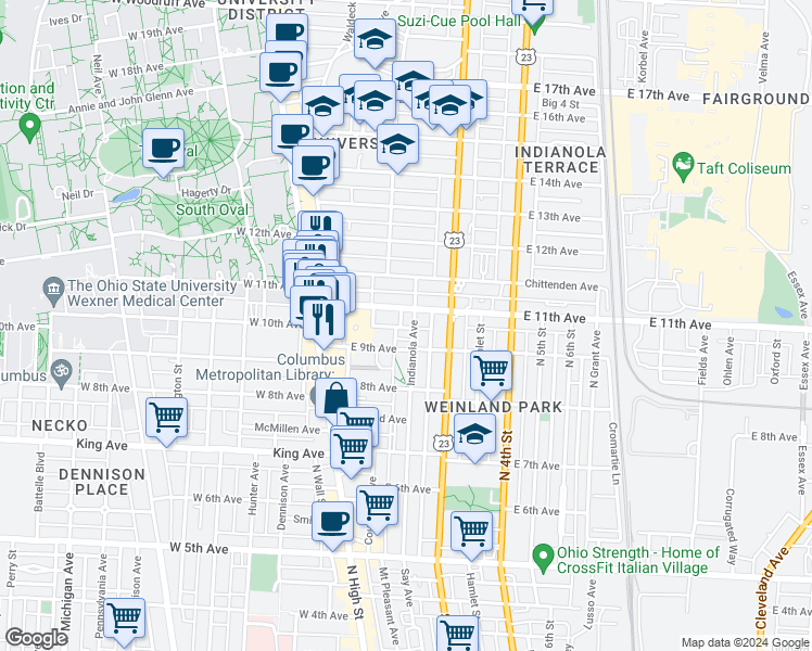map of restaurants, bars, coffee shops, grocery stores, and more near 107 East 11th Avenue in Columbus